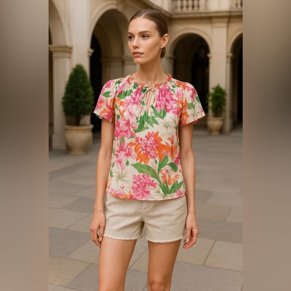 CeCe Pink and Orange Puff Sleeve Blouse with Tie Front 🌷 - Picture 10 of 10